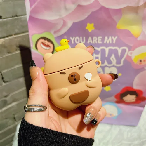 Miniatura 2 de Funda compatible con AirPods, linda funda protectora de silicona suave Kawaii con llavero (oso lindo 1, AirPods 2 y 1)
