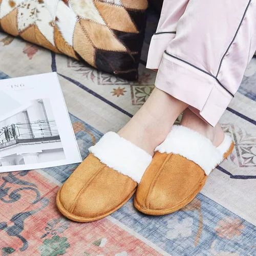 Miniatura 5 de IRISMON Pantuflas de gamuza sintética para mujer, cómodas pantuflas de piel cálida con espuma viscoelástica, antideslizantes, transpirables