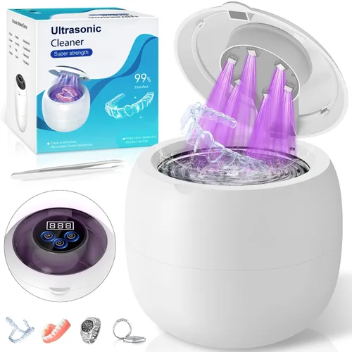 Limpiador ultrasónico de retenedores de 48 kHz, limpiador ultrasónico para dentaduras, protectores bucales, alineadores, aparatos ortopédicos,