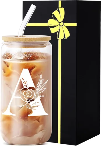 Vaso de vidrio con monograma con tapa, pajita, idea de regalo de moda para amantes del café para mujeres y adolescentes, regalo personalizado de