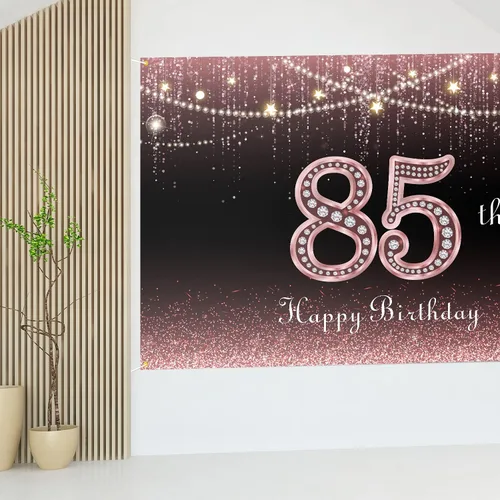 Miniatura 7 de HAMIGAR Fondo de pancarta de feliz cumpleaños 85 de 6 x 4 pies, decoraciones de cumpleaños de 85 años, suministros de fiesta para mujeres, oro rosa