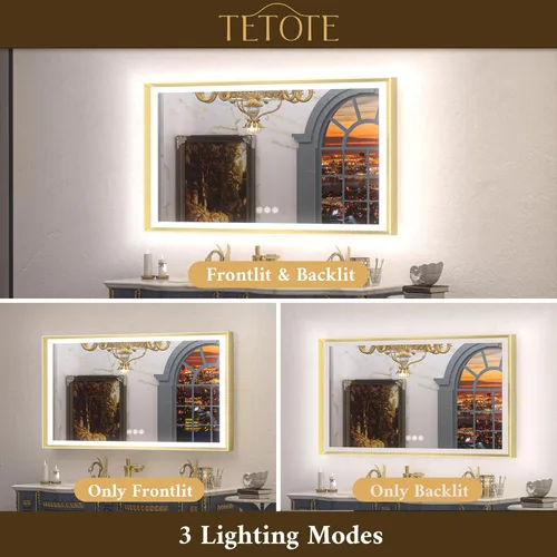 Miniatura 3 de TETOTE Espejo LED dorado para baño, marco de metal de 20 x 28 pulgadas, espejo de tocador iluminado frontal y retroiluminado, barroco, antiniebla