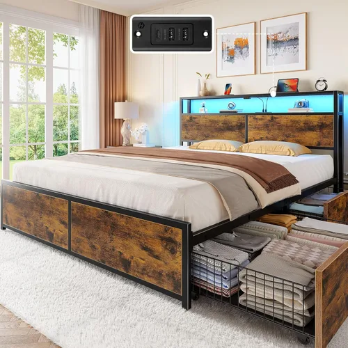 Miniatura 10 de Rolanstar Base de cama de tamaño completo con 4 cajones de almacenamiento, estación de carga y luces LED, plataforma de metal con cabecera