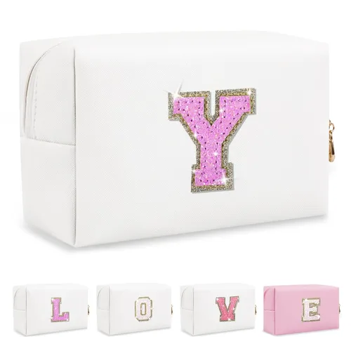 Miniatura 405 de Pequeña bolsa de maquillaje personalizada con inicial A-Z Preppy Patch, bolsa de cosméticos de viaje de felpilla blanca con cremallera, bonita bolsa