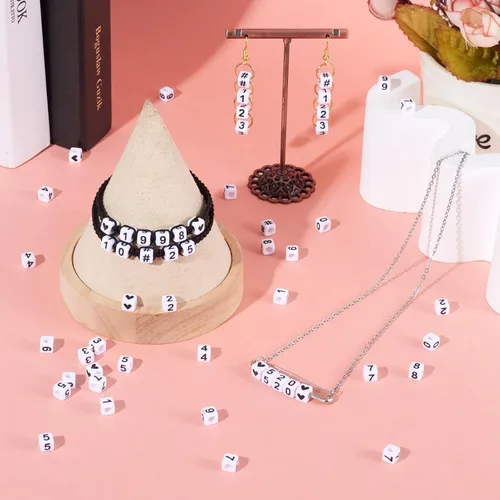 Miniatura 2 de FASHEWELRY 300 cuentas cúbicas de acrílico con números cuadrados mezclados del 0 al 9, cuentas de acrílico blanco de 0.236 x 0.236 pulgadas