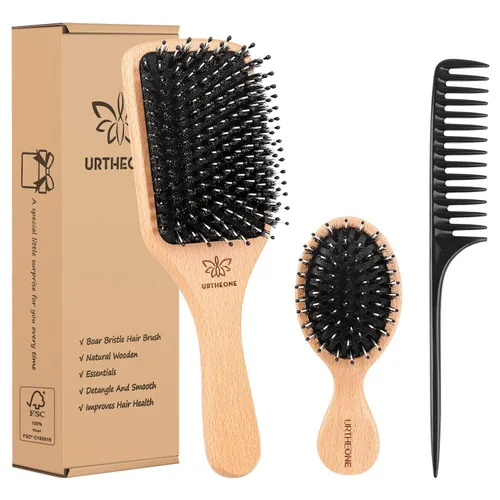 Juego de cepillo y peine de cerdas de jabalí para mujeres, hombres y niños, el mejor cepillo de pelo de paleta de madera natural y cepillo de