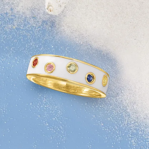 Miniatura 4 de Ross-Simons Anillo de zafiro multicolor y esmalte blanco de 0,20 qt en oro de 18 quilates sobre plata esterlina, Gema, Zafiro