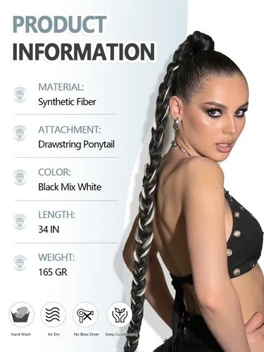 Miniatura 2 de WIGER Cola de caballo trenzada de 34 pulgadas para mujeres negras, colas de caballo largas con cordón para bricolaje, Yaki liso negro y blanco