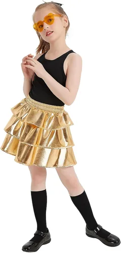 Miniatura 6 de techcity Falda metálica brillante de 3 capas con volantes para niñas, ropa de disfraz de fiesta de baile para niñas de 4 a 13 años con gafas