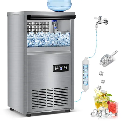 Máquina comercial para hacer hielo con 2 opciones de entrada de agua, contenedor de almacenamiento de 40 libras, máquina de hielo integrada de 140