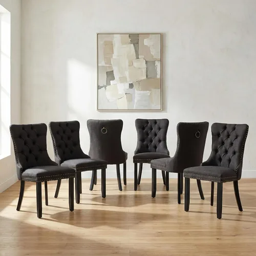 Miniatura 29 de OVENTA Juego de 4 sillas de comedor modernas tapizadas copetudas, terciopelo negro y gris y cuero con patas de madera maciza, sillas de cocina