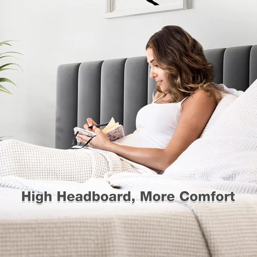 Miniatura 5 de IDEALHOUSE Base de cama de tamaño matrimonial con cabecera ajustable, plataforma tapizada de terciopelo con soporte de listones de madera,