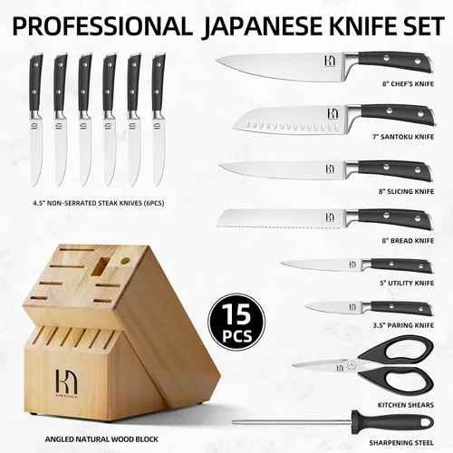 Miniatura 6 de KnifeSaga Juego de cuchillos con bloque, juego de cuchillos de cocina japoneses de 15 piezas ultra afilados, juego de bloques de cuchillos de acero