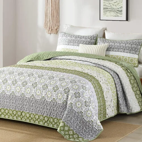 Miniatura 22 de WONGS BEDDING Juego de edredón bohemio tamaño Queen, juego de colcha de retazos a rayas bohemias aguamarina con 2 fundas de almohada, juego de ropa