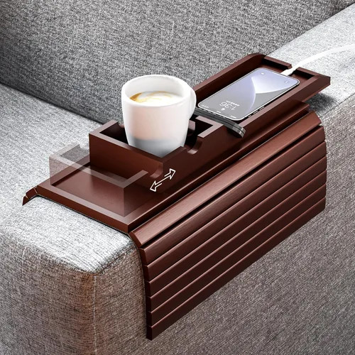 Miniatura 14 de Bestjing Bandeja de bambú para portavasos de sofá – 2 en 1 con soporte doble desmontable Be Slide-Away – Sofá sillón Caddy para beber aperitivos