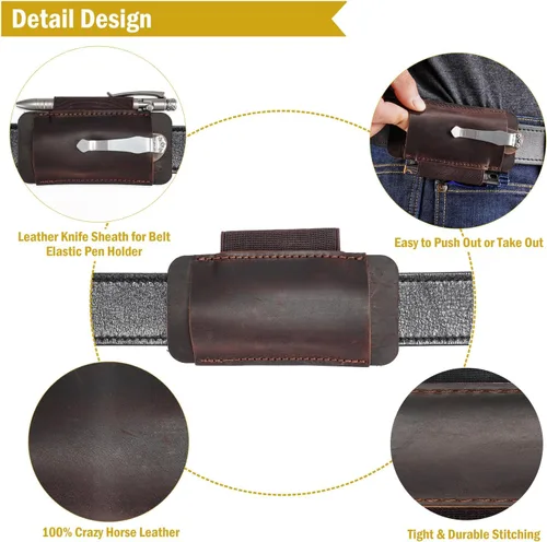 Miniatura 4 de Funda de cuchillo de cuero VIPERADE PJ33 para cinturón, funda de navaja de bolsillo horizontal con soporte elástico para bolígrafos, funda de Marrón
