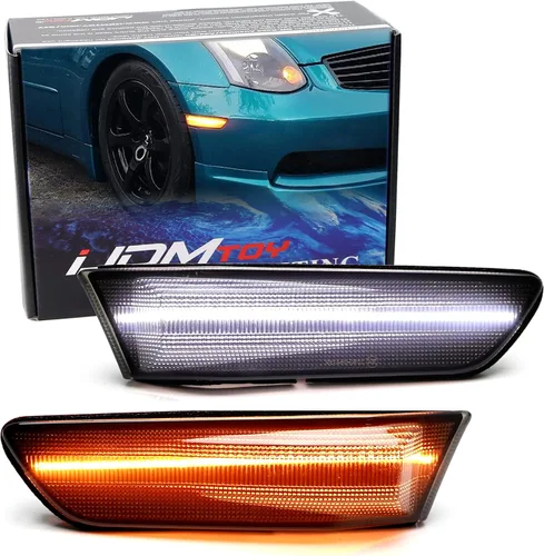Miniatura 14 de iJDMTOY Kit de montaje de luz de marcador lateral de guardabarros delanteros LED ámbar ahumado oscuro compatible con Infiniti G35 Coupe 2003-2007