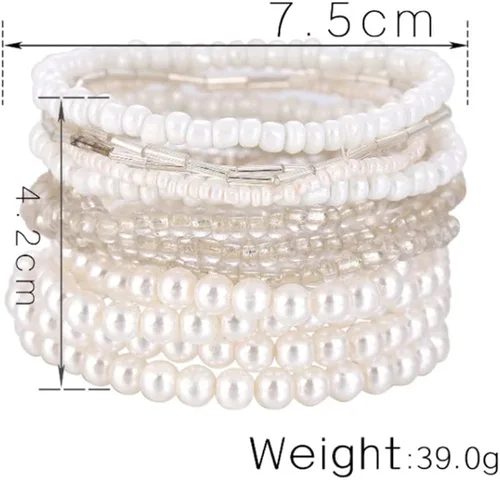 Miniatura 6 de Caiyao Juego de pulseras elásticas de perlas de imitación para mujer, multicapa con cuentas bohemias de semillas de arroz, hilo de perlas apilable