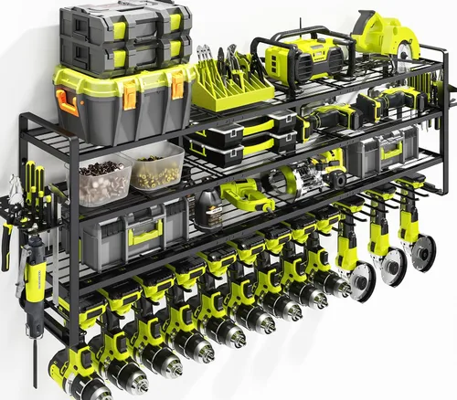 Miniatura 8 de KAFAHOM Organizador de herramientas eléctricas, soportes para taladros de 4 capas para montaje en pared, organizadores de metal resistente y estante