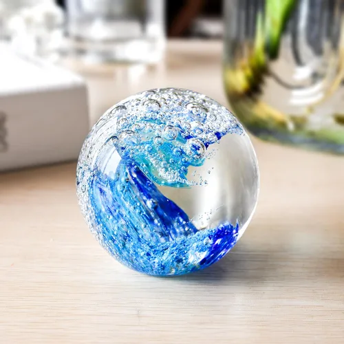 Miniatura 6 de Pisapapeles grande de vidrio de ola oceánica de 3.15 pulgadas, figuras de vidrio de mar sopladas a mano, decoración de olas azules, regalos