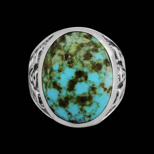 Miniatura 5 de Size 12-925 Sterling Silver Oval Sierra Nevada Turquoise Cabochon Ring, Southwestern Thunderbird Design, Statement High Polish Gemstone Band