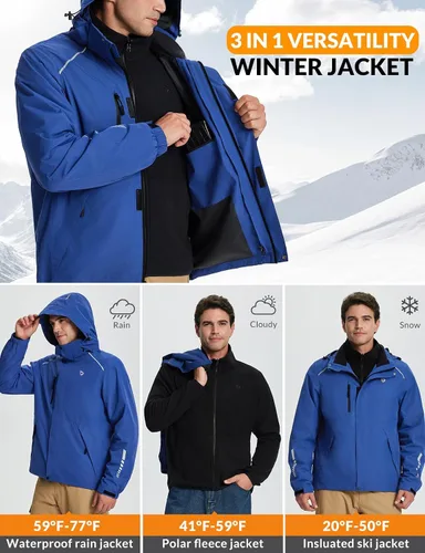 Miniatura 3 de baleaf Chaqueta impermeable para hombre 3 en 1 para esquí de invierno, rompevientos con capucha reflectante, plegable, con chaqueta de forro polar