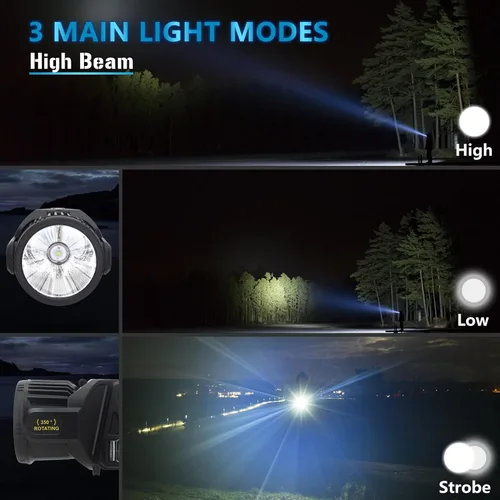 Miniatura 3 de Foco de 3000000 lúmenes, linterna LED recargable de 9 modos con cabezal giratorio de 350°, luces de punto superbrillantes para exteriores portátil