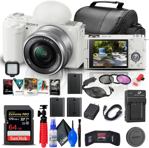 Sony Cámara sin espejo ZV-E10 con lente de 0.630-1.969 in (blanco) (ILCZV-E10L/W) + tarjeta de 64 GB + kit de filtro + software de foto Corel +
