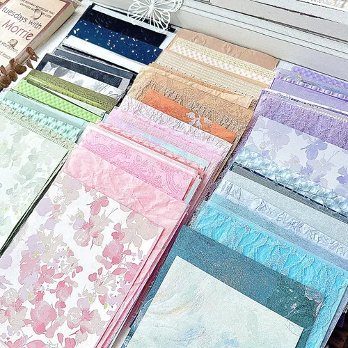 Miniatura 8 de Aromoty 20 piezas de papel artesanal para álbum de recortes, papel texturizado para manualidades, papel Morandi A5 en malla, tela de morera, mezcla