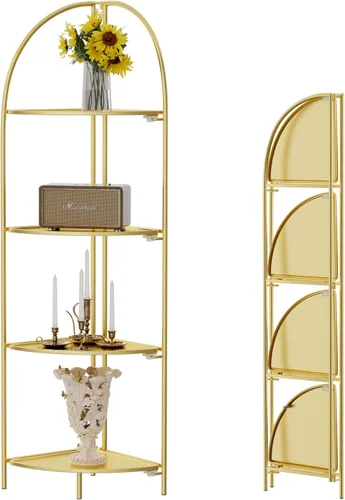 Miniatura 25 de Crofy Estante esquinero plegable de 3 niveles, soporte de esquina de metal para plantas con marco negro y estantes negros, estante de exhibición