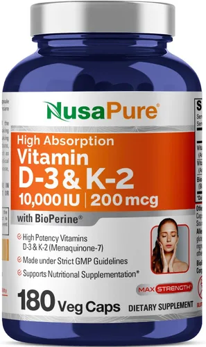 NusaPure 250 mg de vitamina D3 y 200 mcg K-2 cápsulas, 180 cápsulas vegetales (sin OMG, vegano)