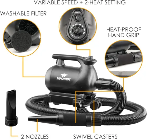 Miniatura 6 de XPOWER A-12 Ventilador profesional para secadora de coche con 2 ajustes de calor y base móvil con ruedas giratorias A-12