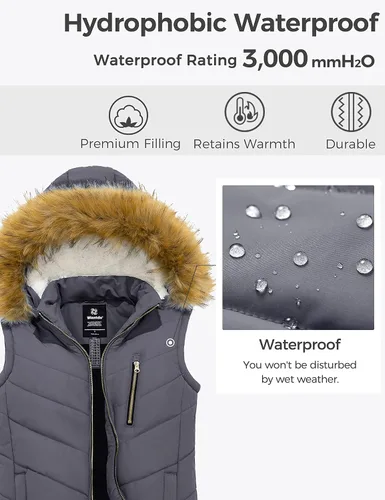 Miniatura 5 de Wantdo Chaleco grueso de invierno para mujer, acolchado, cálido, con capucha de piel extraíble