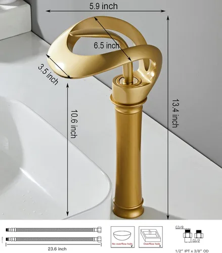Miniatura 2 de Grifo de Lavabo para Baño de Diseño Alto y Hueco en Estilo Granja, con Boquilla en Cascada de Oro Antiguo, de una Sola Manija, de un Solo Agujero