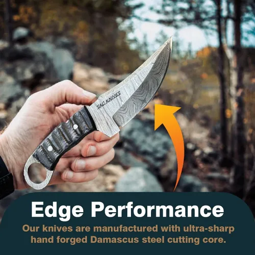 Miniatura 4 de TAC Knives - Cuchillo de supervivencia Bushcraft 12T27 de acero de Damasco con hoja fija para exteriores - Mango de madera Pakka - Funda de cuero