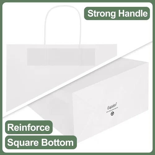 Miniatura 3 de Eupako Bolsas de papel de 16 x 6 x 12 pulgadas, bolsas de papel grandes blancas con asas a granel, bolsas de papel Kraft, bolsas de compras de Blanco