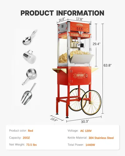 Miniatura 6 de Carro comercial de máquina de palomitas de maíz de 20 onzas, máquina para hacer palomitas de maíz mejorada con hervidor de acero inoxidable que hace