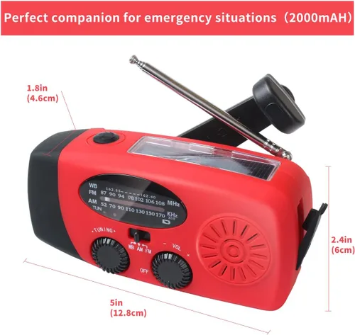 Miniatura 4 de Radio de manivela solar de emergencia mejorada con linterna LED, radio meteorológica portátil Am Fm NOAA, cargador de teléfono celular
