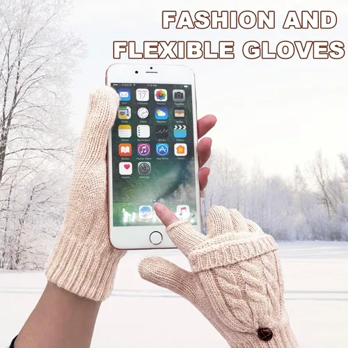 Miniatura 65 de Beurlike Guantes de invierno para mujer, de lana cálida, a prueba de viento, convertibles, sin dedos