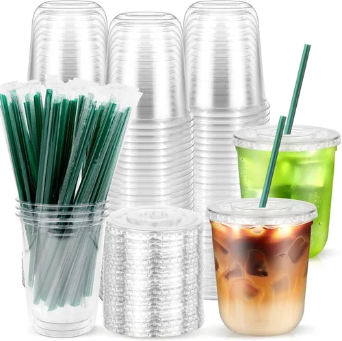 50 vasos de plástico transparente de 12 onzas con tapas y pajitas verde oscuro, fondo redondo desechables para llevar tazas de café helado, tazas