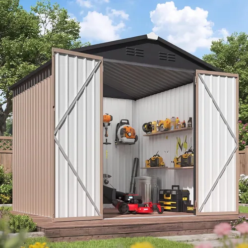 Miniatura 21 de AECOJOY Cobertizo de almacenamiento de metal para exteriores de 4 x 6 pies, cobertizo de herramientas de jardín resistente con puerta doble con Gris