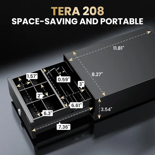 Miniatura 2 de Tera Cajón de caja registradora 8 "Mini: 4 billetes 6 monedas pequeño cajón de efectivo abierto automático con ranura para medios 24V Cable RJ12