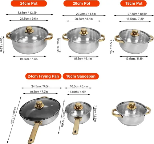 Miniatura 7 de Juego de 12 ollas y sartenes, juego de utensilios de cocina de inducción de acero inoxidable con mango desmontable, juego de cocina antiadherente