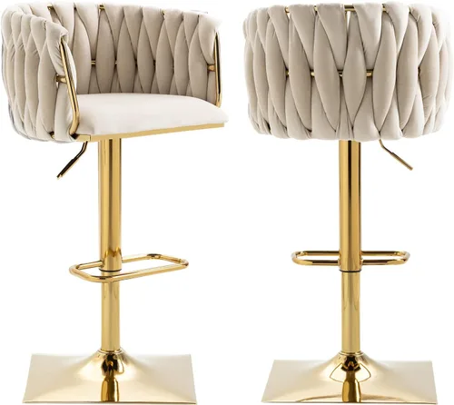 Miniatura 10 de NIOIIKIT Juego de 2 taburetes de bar tapizados de terciopelo, silla de altura de mostrador con respaldo tejido a mano, taburete de comedor