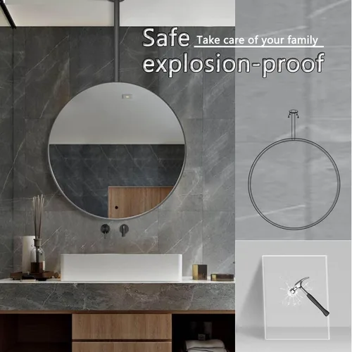 Miniatura 5 de Decorative Mirrors for Wall, Circle Ceiling Mounted Mirror, Floating Bathroom Vanity Hanging Mirror with Black Metal Frame and Boom - Round