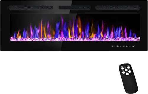 BETELNUT Chimenea eléctrica de 50 pulgadas montada en la pared y empotrada con control remoto, calentador de chimenea de pared ultrafino de 750/1500