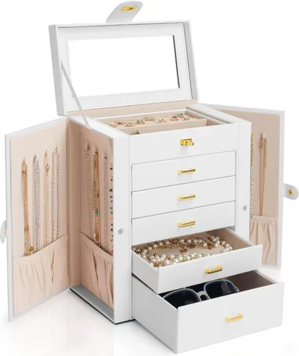 Miniatura 7 de AKOZLIN Organizador funcional de joyería de 6 niveles con 5 cajones, estuche de almacenamiento de joyas de cuero para mujeres y niñas, anillo