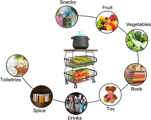 Miniatura 7 de Cestas apilables de almacenamiento de cocina con mesa de metal para frutas, verduras, estante organizador, carrito rodante para cocina, despensa