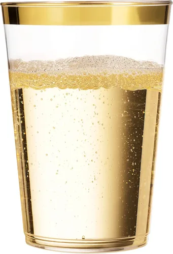 Miniatura 6 de Munfix 100 vasos de plástico dorados de 14 onzas, vasos transparentes con borde dorado, elegantes vasos desechables para boda, fiesta, con borde