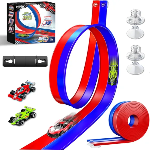 Miniatura 8 de Pista de carreras de doble carril con ventosas, pista de carreras flexible portátil enrollable, ventosas fundidas a presión 1/64 para edades de 3